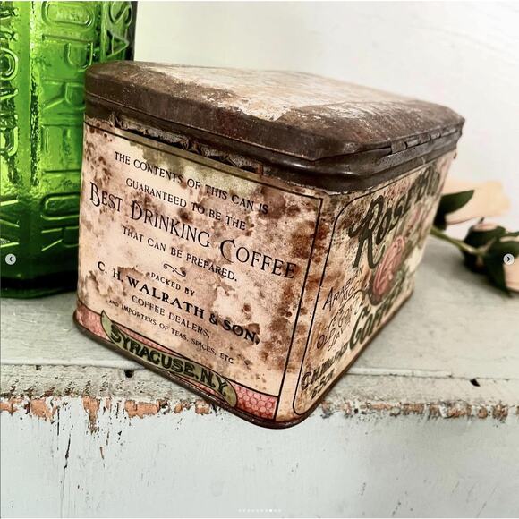 Antique Rare Shabby Rose Bud Coffee Tin Can Canister Box Hinged Lid Paper Label - Picture 8 of 10